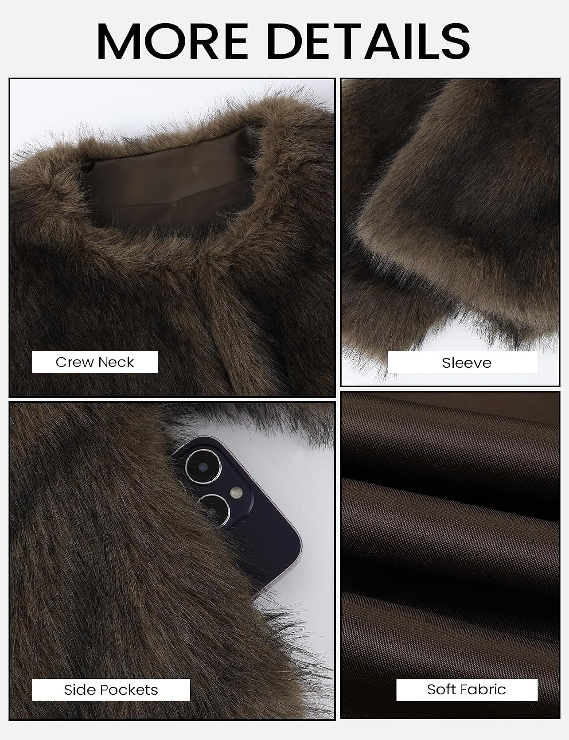 image:imageWyeysyt Women Faux Fur Coat Cropped Fur Fluffy Winter Warm Coat Shaggy Faux Fur Coat Open Front Fuzzy Jacket Short LengthBrown