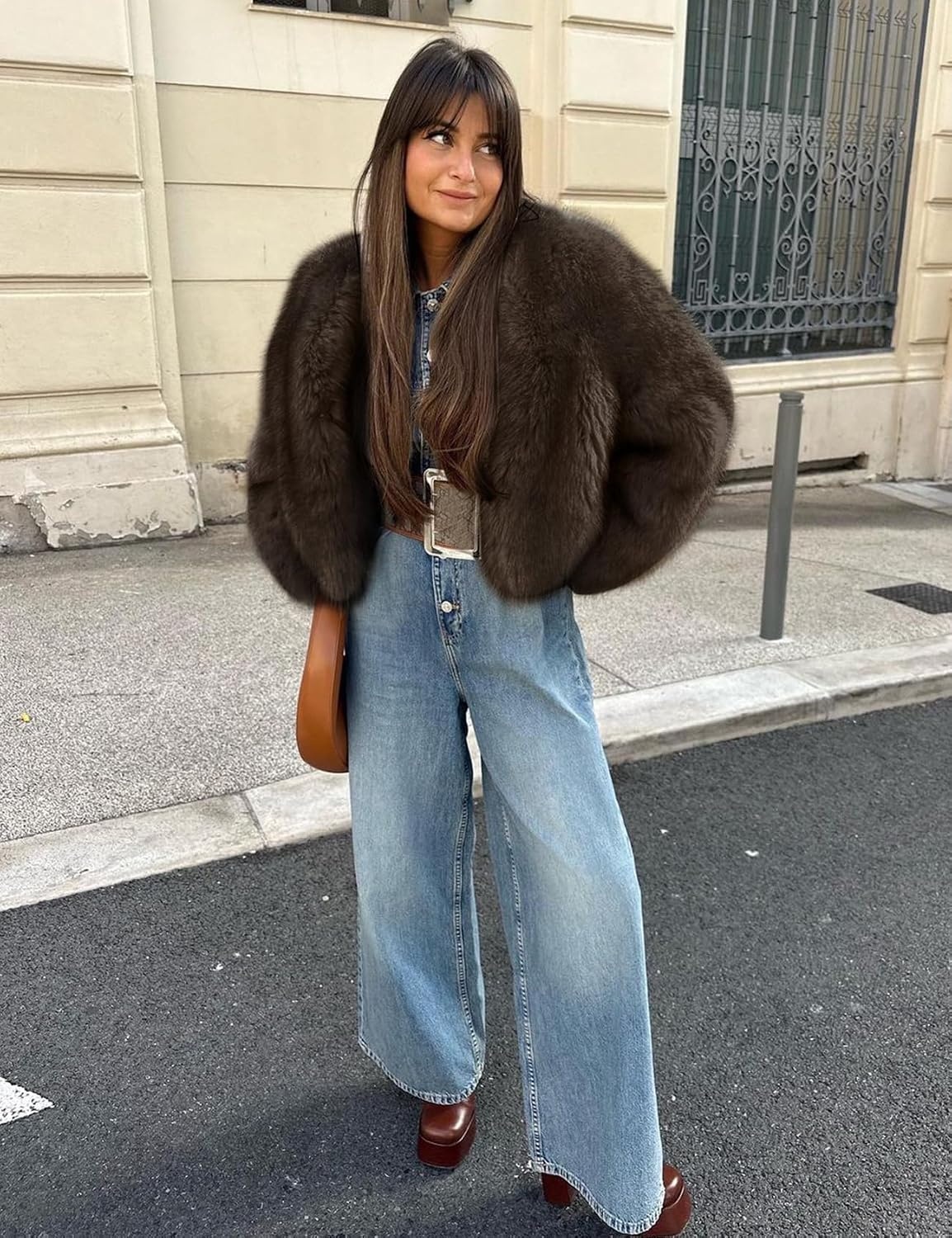 image:imageWyeysyt Women Faux Fur Coat Cropped Fur Fluffy Winter Warm Coat Shaggy Faux Fur Coat Open Front Fuzzy Jacket Short LengthBrown