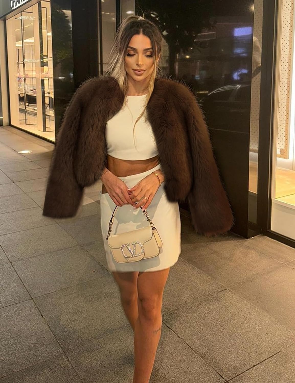 image:imageWyeysyt Women Faux Fur Coat Cropped Fur Fluffy Winter Warm Coat Shaggy Faux Fur Coat Open Front Fuzzy Jacket Short LengthBrown