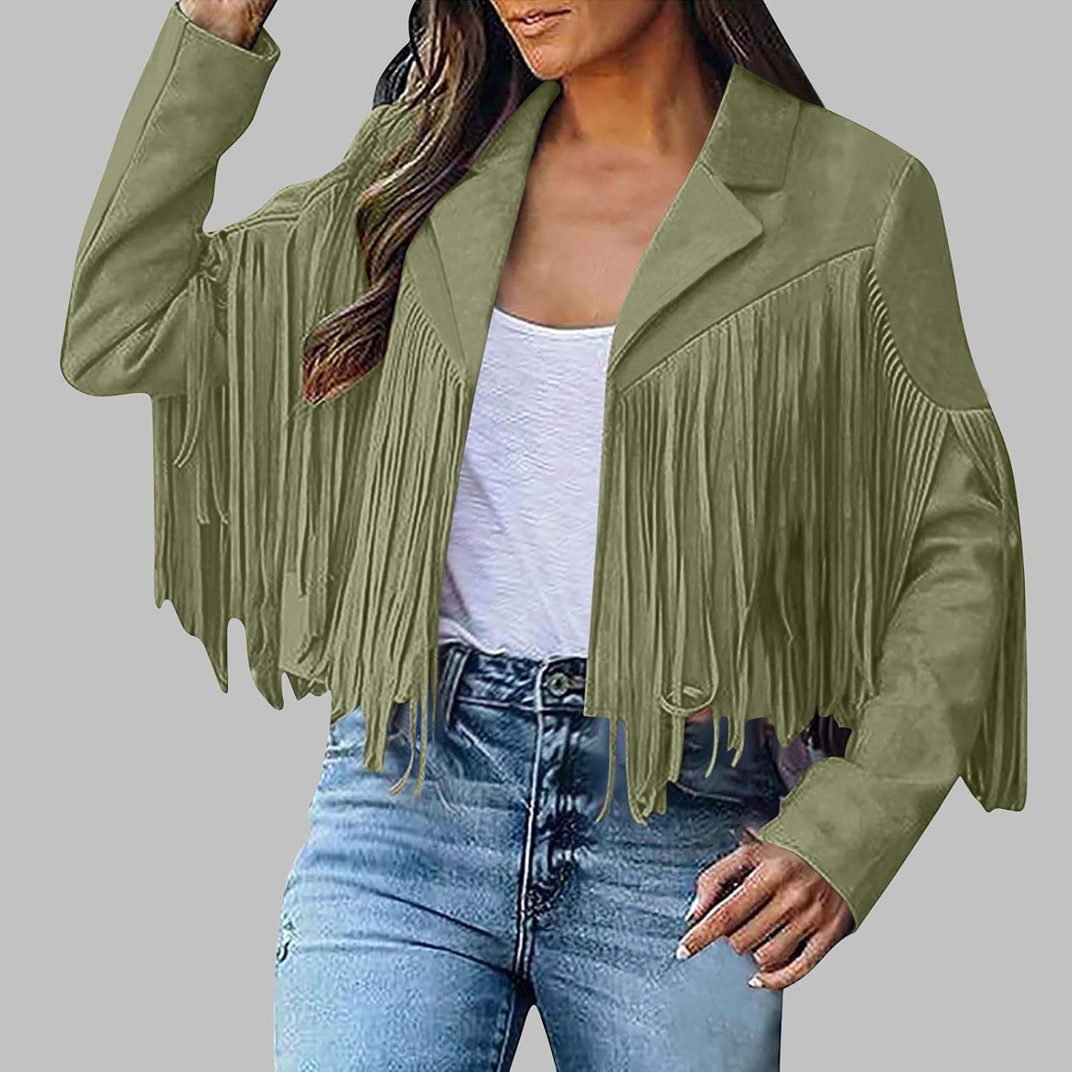 image:imageYMADREIG Womens Fringe Jacket Faux Suede Leather Jackets Tassel Motorcycle Cowgirl Outfits Fall Fashion Western Crop JacketA01army Green