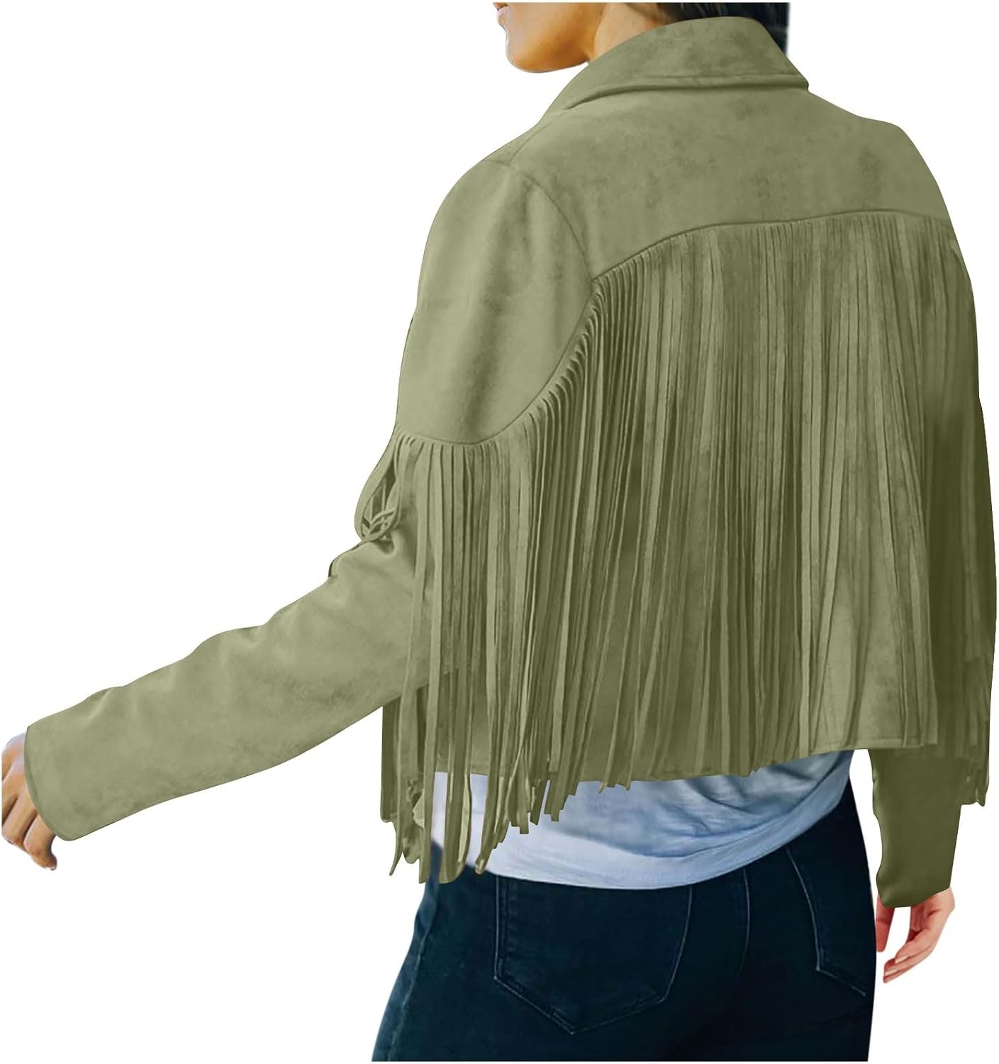 image:imageYMADREIG Womens Fringe Jacket Faux Suede Leather Jackets Tassel Motorcycle Cowgirl Outfits Fall Fashion Western Crop JacketA01army Green