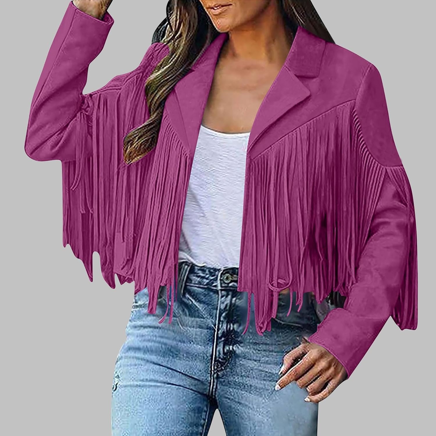 image:imageYMADREIG Womens Fringe Jacket Faux Suede Leather Jackets Tassel Motorcycle Cowgirl Outfits Fall Fashion Western Crop JacketA01hot Pink