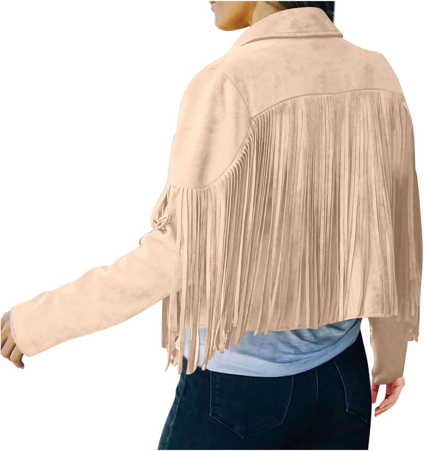image:imageYMADREIG Womens Fringe Jacket Faux Suede Leather Jackets Tassel Motorcycle Cowgirl Outfits Fall Fashion Western Crop JacketA01khaki