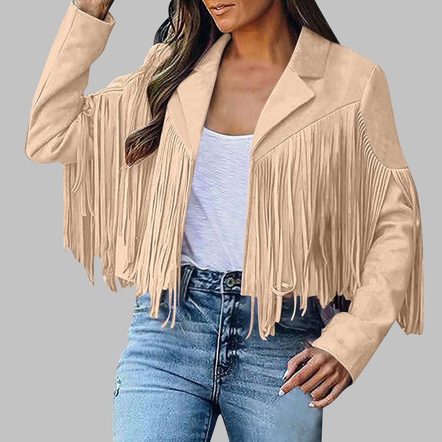 image:imageYMADREIG Womens Fringe Jacket Faux Suede Leather Jackets Tassel Motorcycle Cowgirl Outfits Fall Fashion Western Crop JacketA01khaki