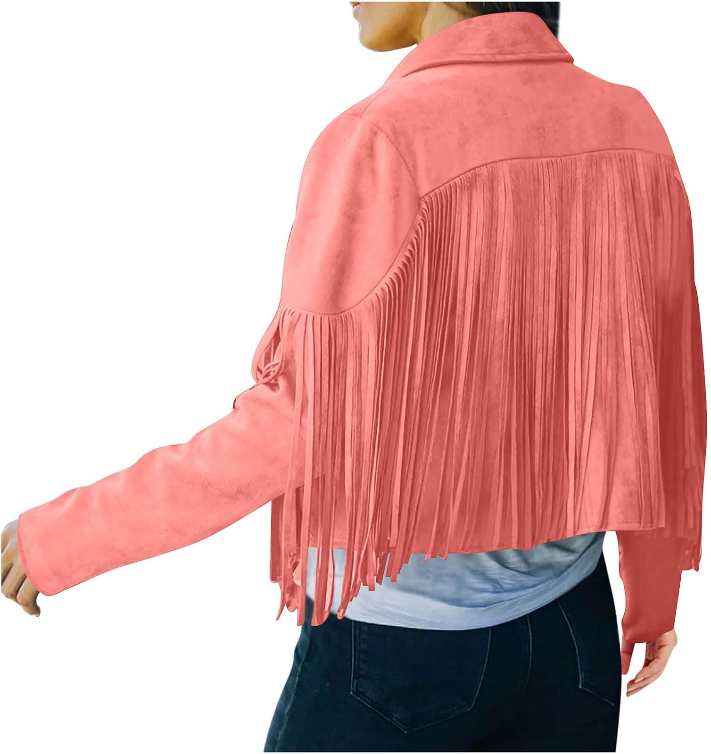 image:imageYMADREIG Womens Fringe Jacket Faux Suede Leather Jackets Tassel Motorcycle Cowgirl Outfits Fall Fashion Western Crop JacketA01orange