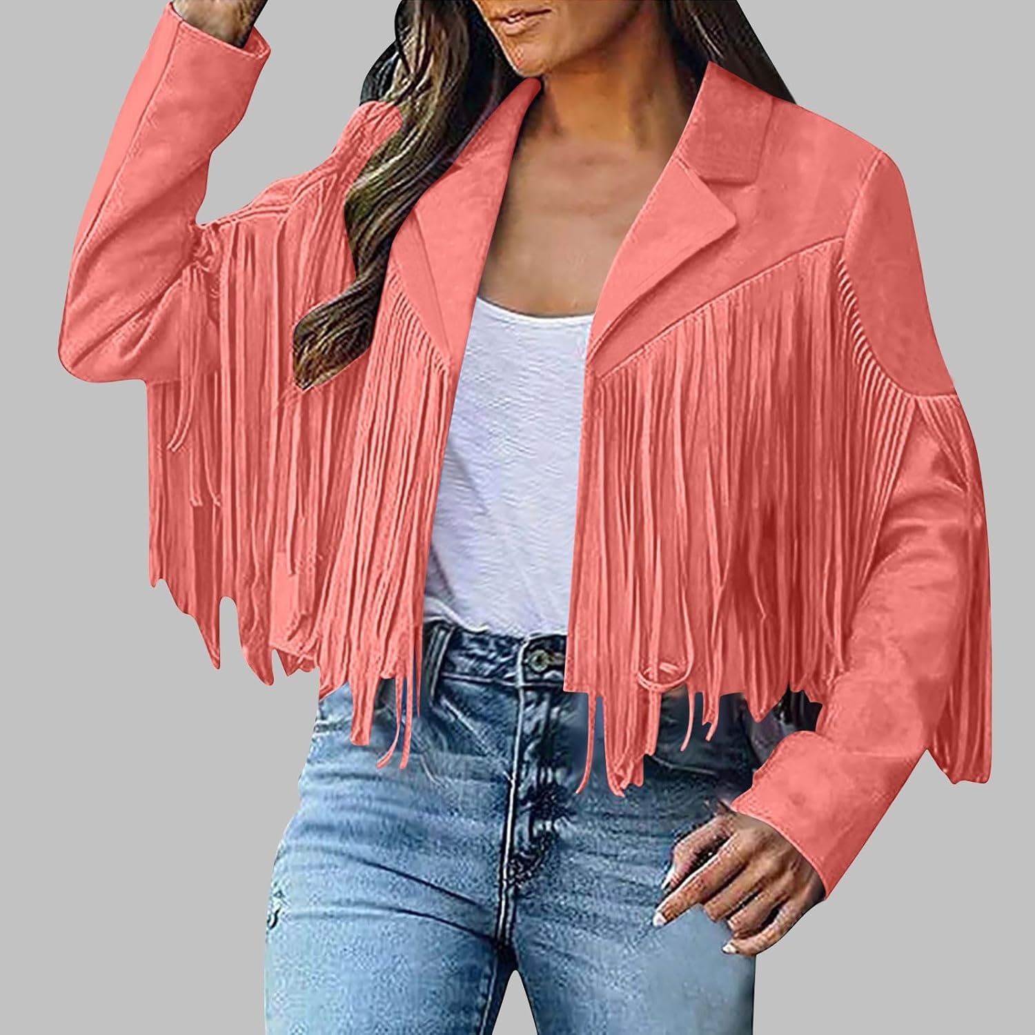 image:imageYMADREIG Womens Fringe Jacket Faux Suede Leather Jackets Tassel Motorcycle Cowgirl Outfits Fall Fashion Western Crop JacketA01orange