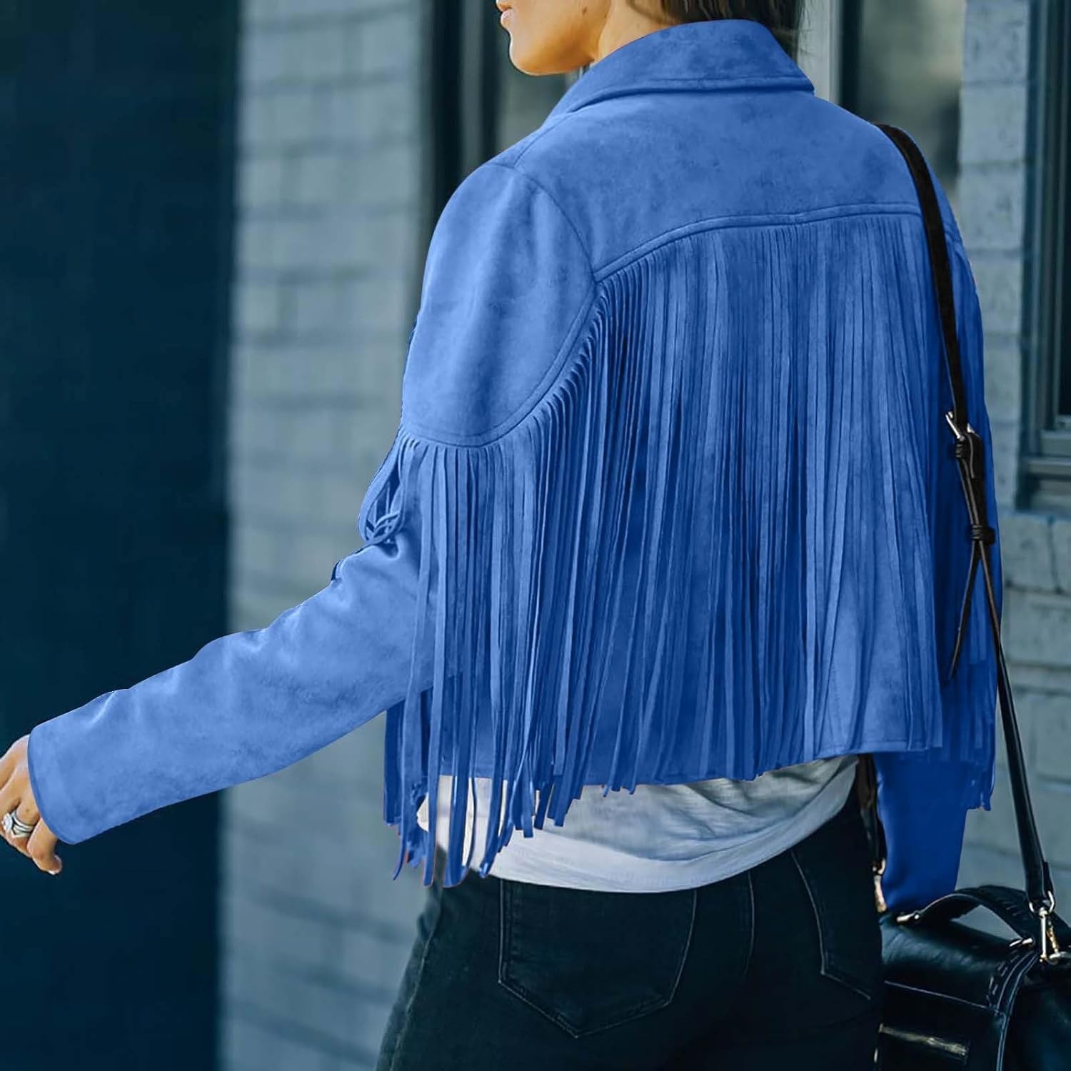 image:imageYMADREIG Womens Fringe Jacket Faux Suede Leather Jackets Tassel Motorcycle Cowgirl Outfits Fall Fashion Western Crop JacketA02blue