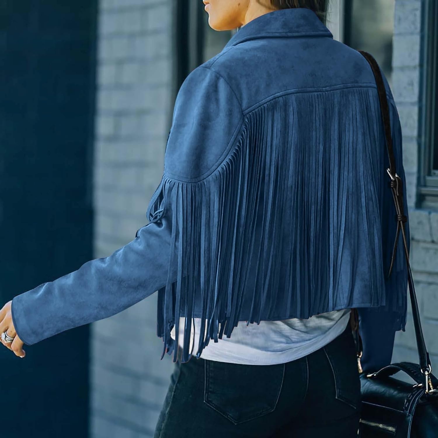 image:imageYMADREIG Womens Fringe Jacket Faux Suede Leather Jackets Tassel Motorcycle Cowgirl Outfits Fall Fashion Western Crop JacketA02dark Blue