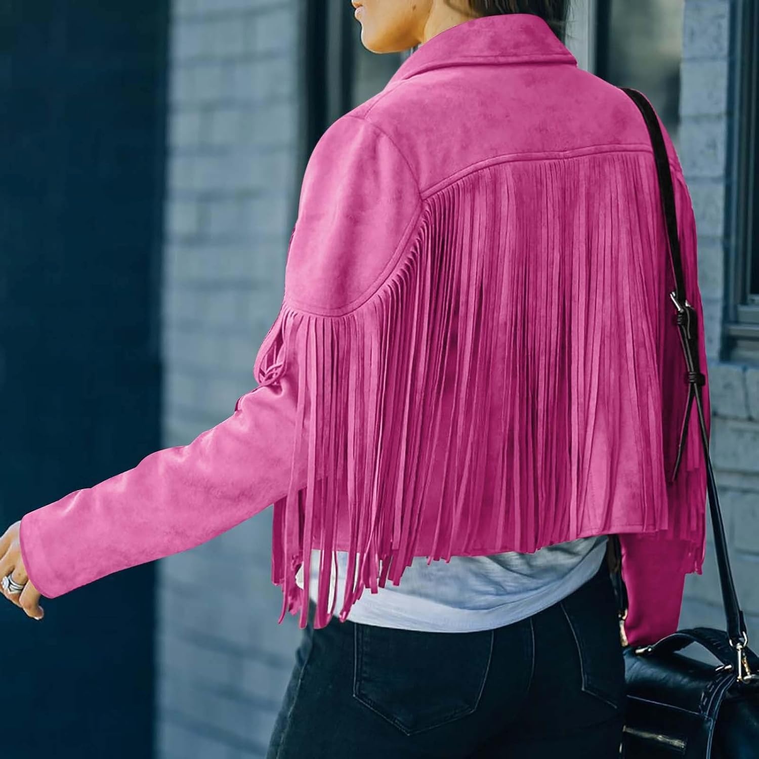 image:imageYMADREIG Womens Fringe Jacket Faux Suede Leather Jackets Tassel Motorcycle Cowgirl Outfits Fall Fashion Western Crop JacketA02hot Pink