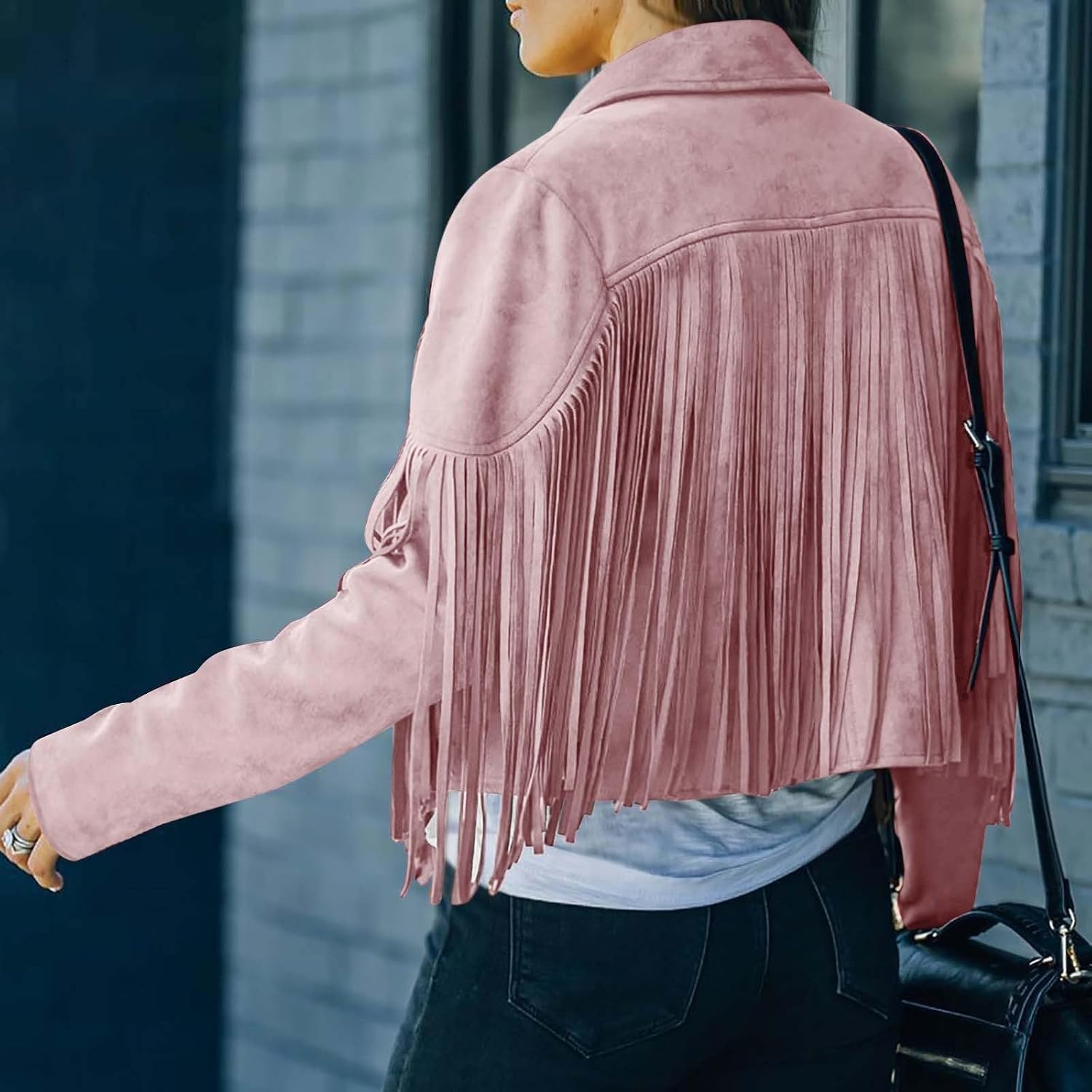 image:imageYMADREIG Womens Fringe Jacket Faux Suede Leather Jackets Tassel Motorcycle Cowgirl Outfits Fall Fashion Western Crop JacketA02pink