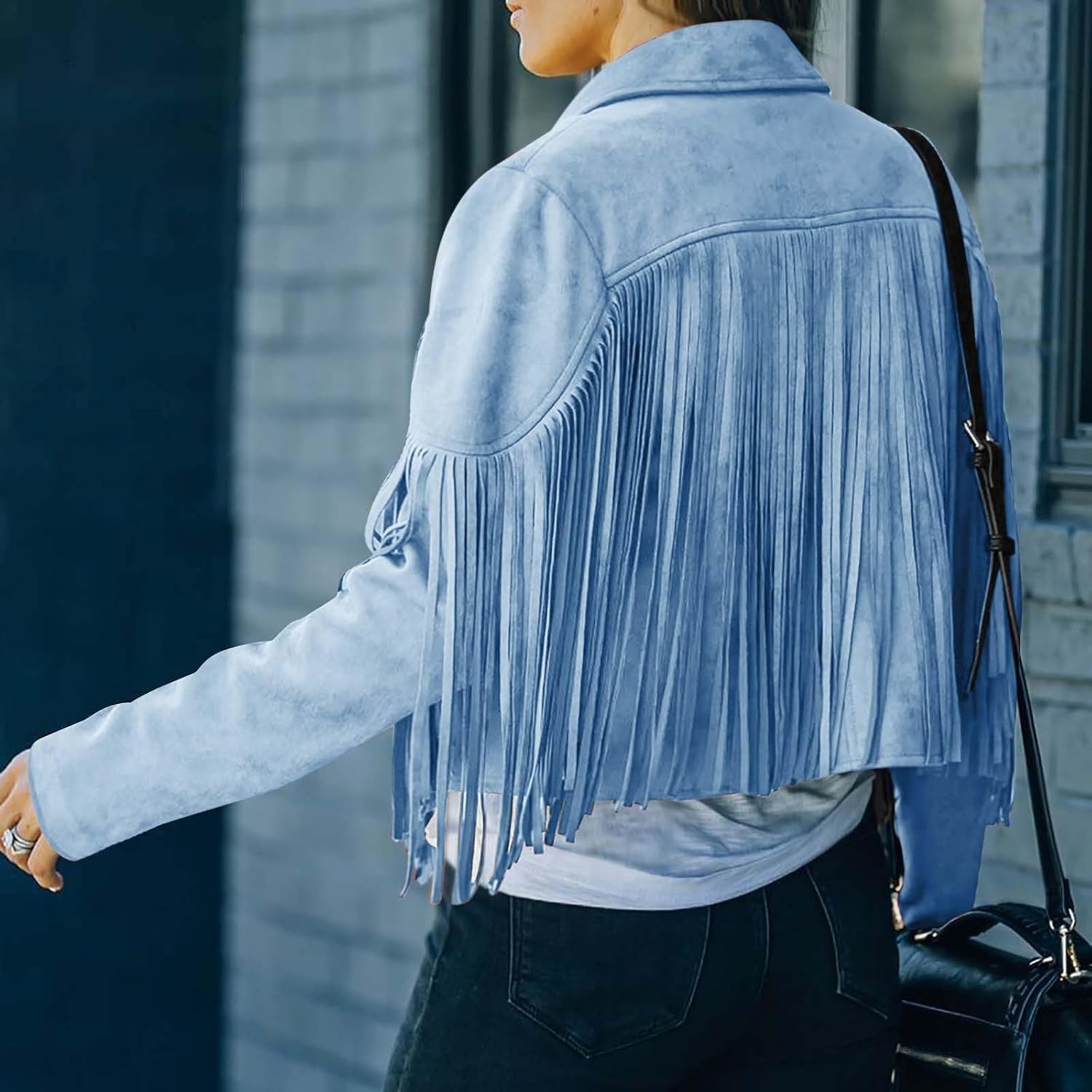 image:imageYMADREIG Womens Fringe Jacket Faux Suede Leather Jackets Tassel Motorcycle Cowgirl Outfits Fall Fashion Western Crop JacketA03light Blue