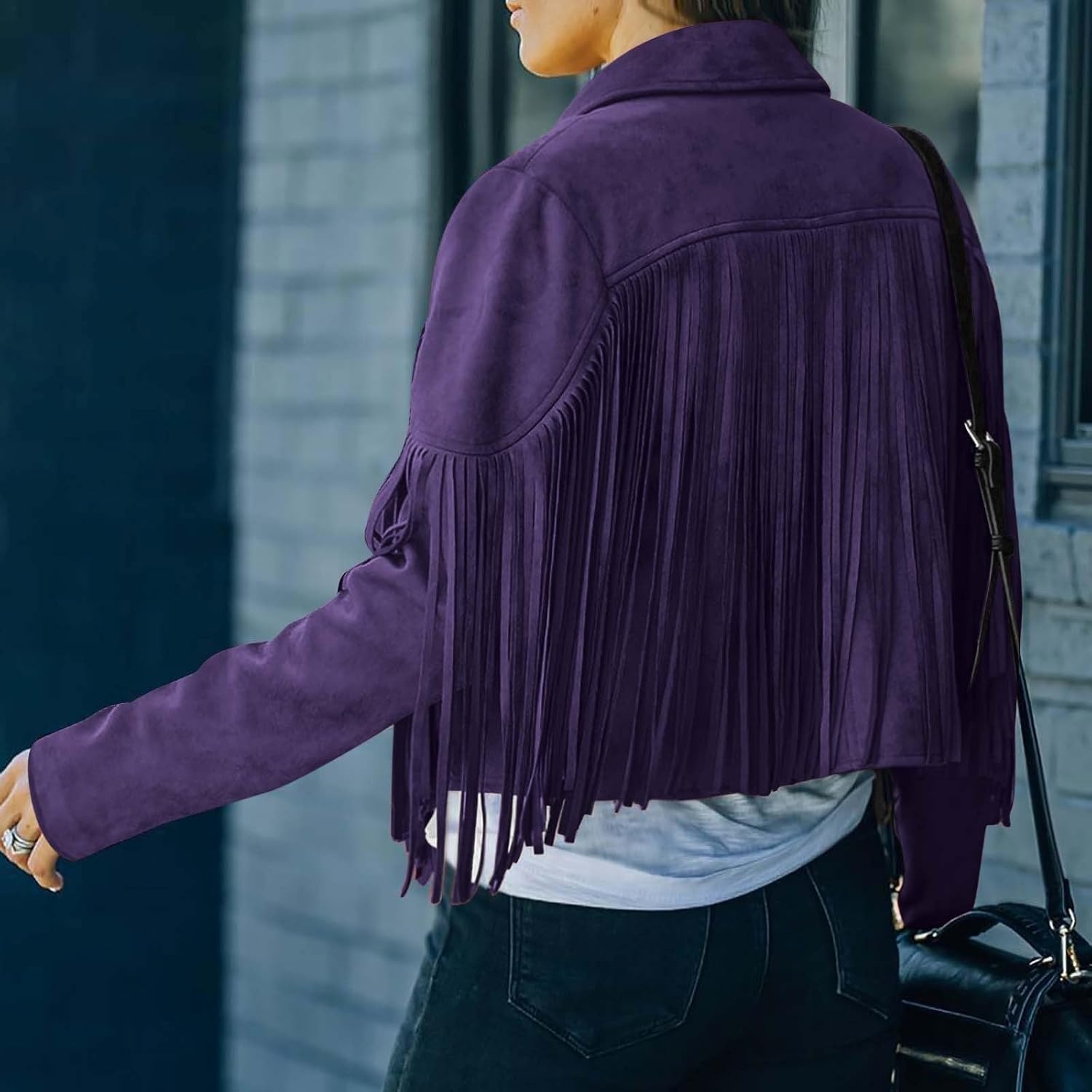 image:imageYMADREIG Womens Fringe Jacket Faux Suede Leather Jackets Tassel Motorcycle Cowgirl Outfits Fall Fashion Western Crop JacketA03purple