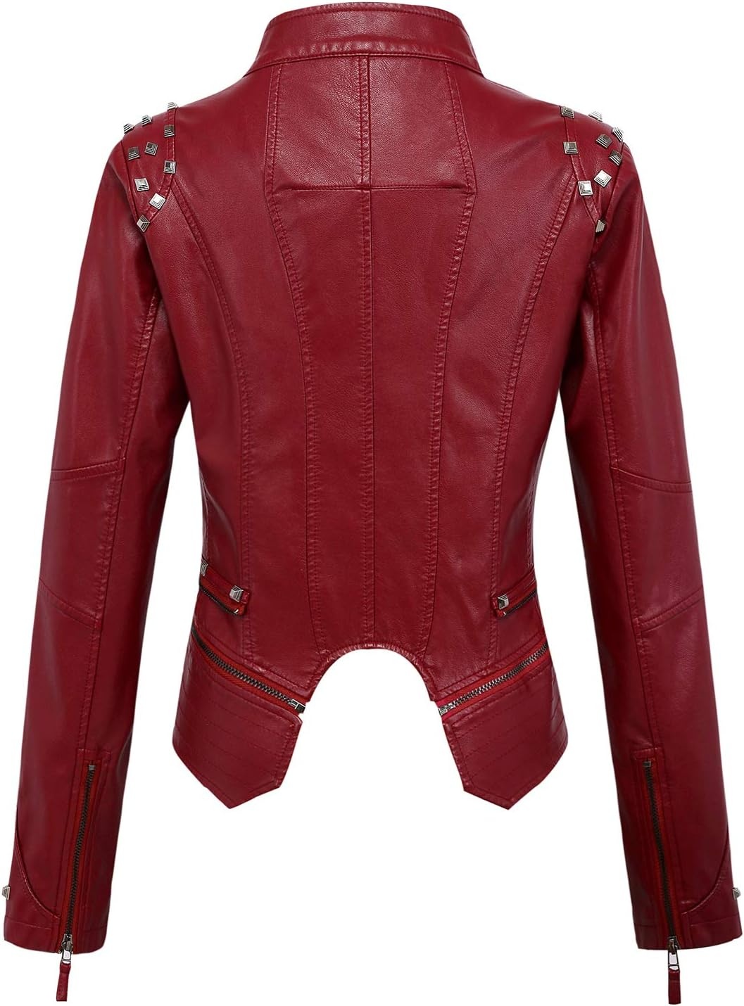 image:imagechouyatou Womens Fashion Studded Perfectly Shaping Faux Leather Biker JacketDark Red