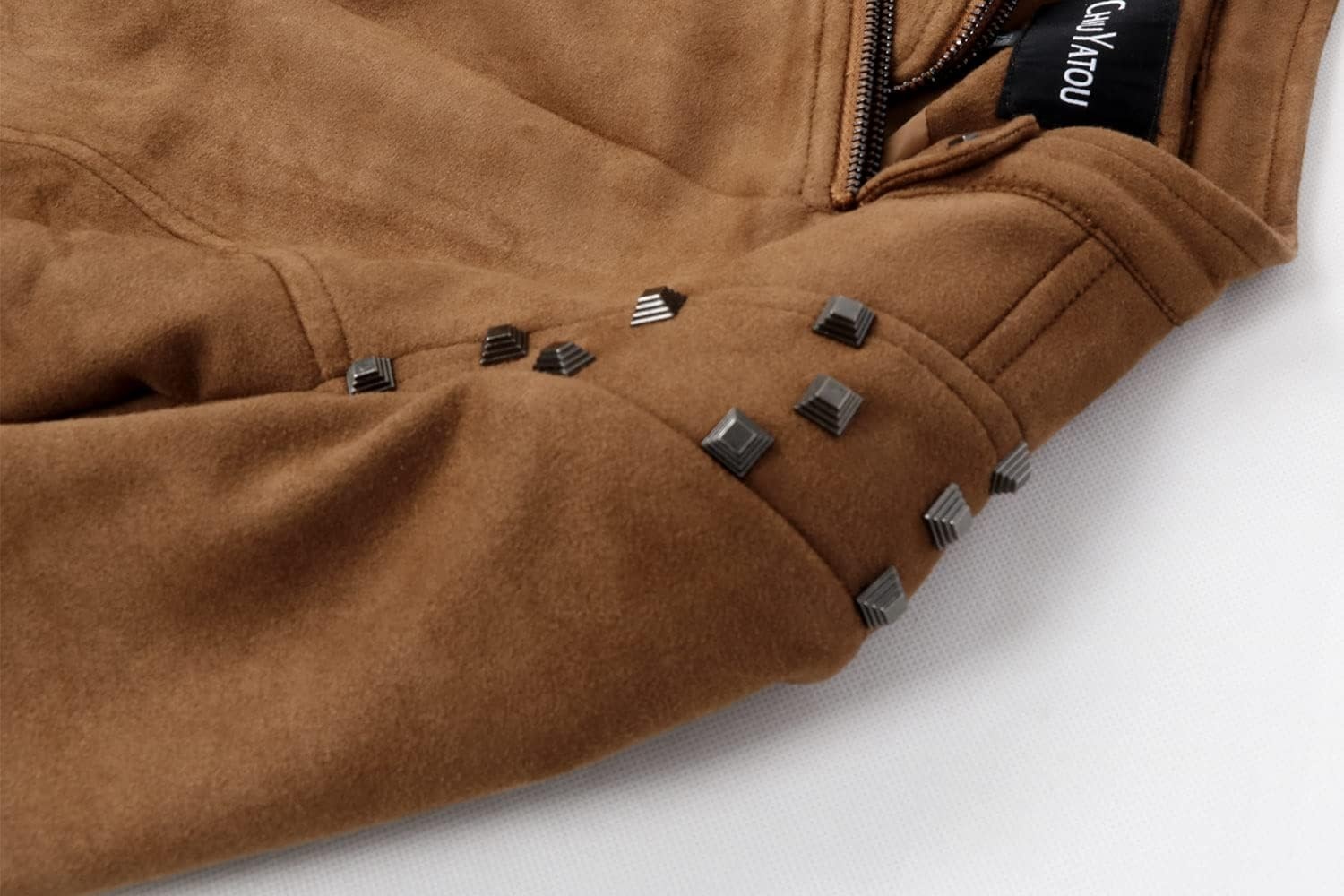 image:imagechouyatou Womens Fashion Studded Perfectly Shaping Faux Leather Biker JacketSuede Brown