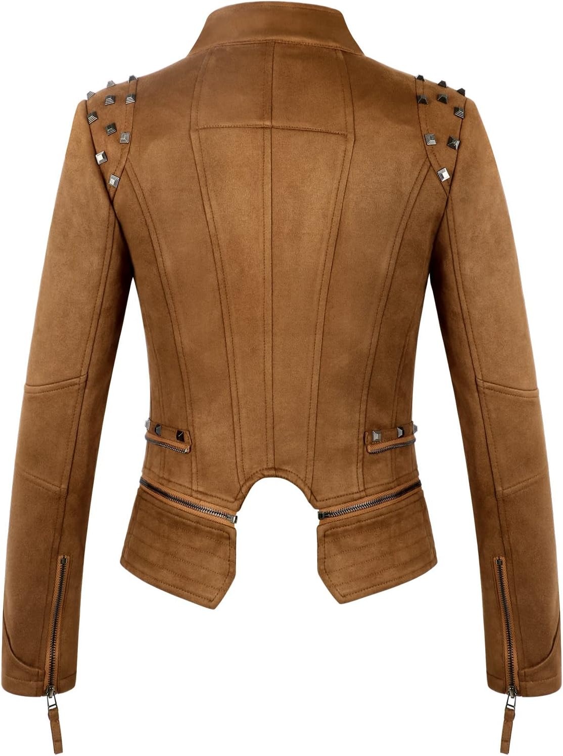 image:imagechouyatou Womens Fashion Studded Perfectly Shaping Faux Leather Biker JacketSuede Brown