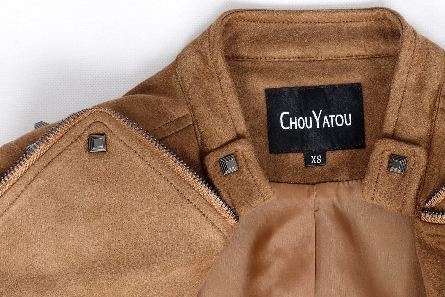 image:imagechouyatou Womens Fashion Studded Perfectly Shaping Faux Leather Biker JacketSuede Brown