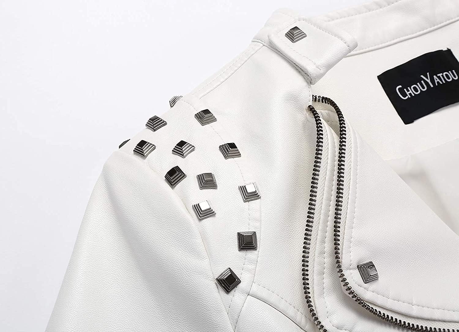 image:imagechouyatou Womens Fashion Studded Perfectly Shaping Faux Leather Biker JacketWhite