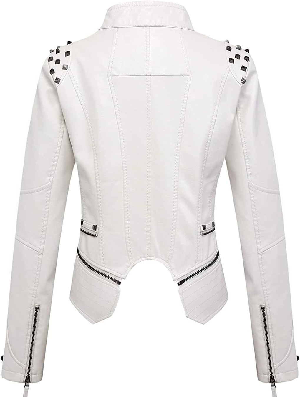 image:imagechouyatou Womens Fashion Studded Perfectly Shaping Faux Leather Biker JacketWhite