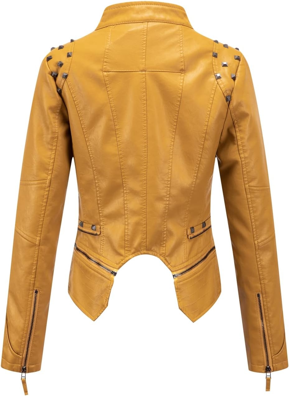 image:imagechouyatou Womens Fashion Studded Perfectly Shaping Faux Leather Biker JacketYellow