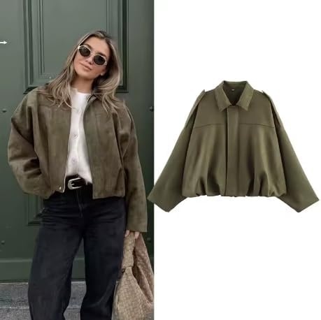 image:imagekipfall Womens Faux Suede Jackets Fall Fashion Outfits Coat Winter Clothes Open Front Cropped JacketGreen