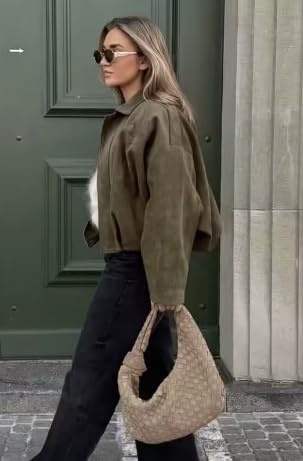 image:imagekipfall Womens Faux Suede Jackets Fall Fashion Outfits Coat Winter Clothes Open Front Cropped JacketGreen