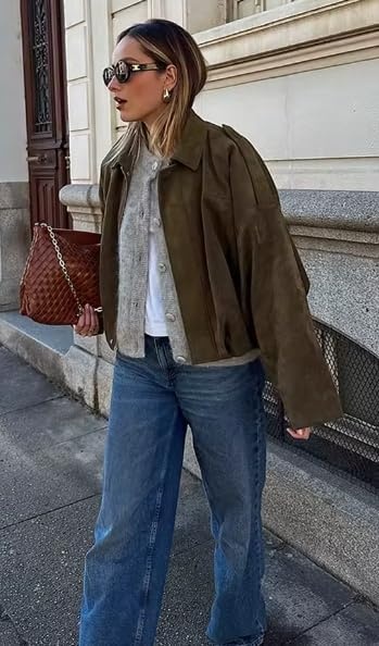 image:imagekipfall Womens Faux Suede Jackets Fall Fashion Outfits Coat Winter Clothes Open Front Cropped JacketGreen