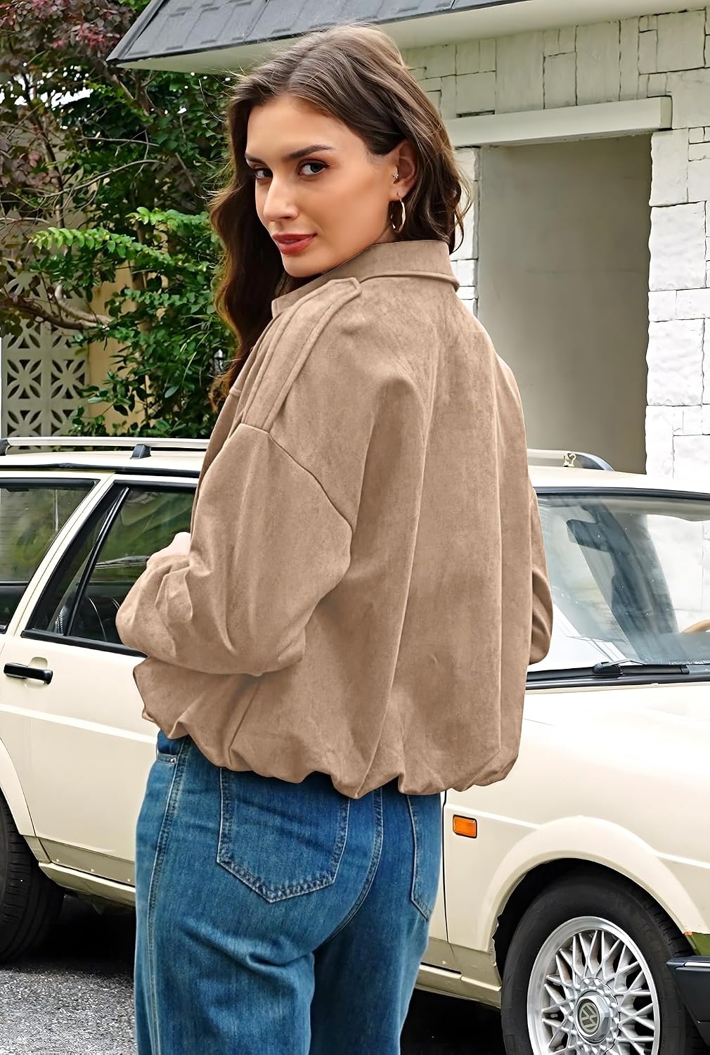 image:imagekipfall Womens Faux Suede Jackets Fall Fashion Outfits Coat Winter Clothes Open Front Cropped JacketKhaki