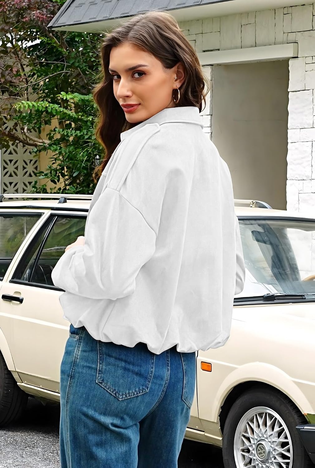 image:imagekipfall Womens Faux Suede Jackets Fall Fashion Outfits Coat Winter Clothes Open Front Cropped JacketWhite