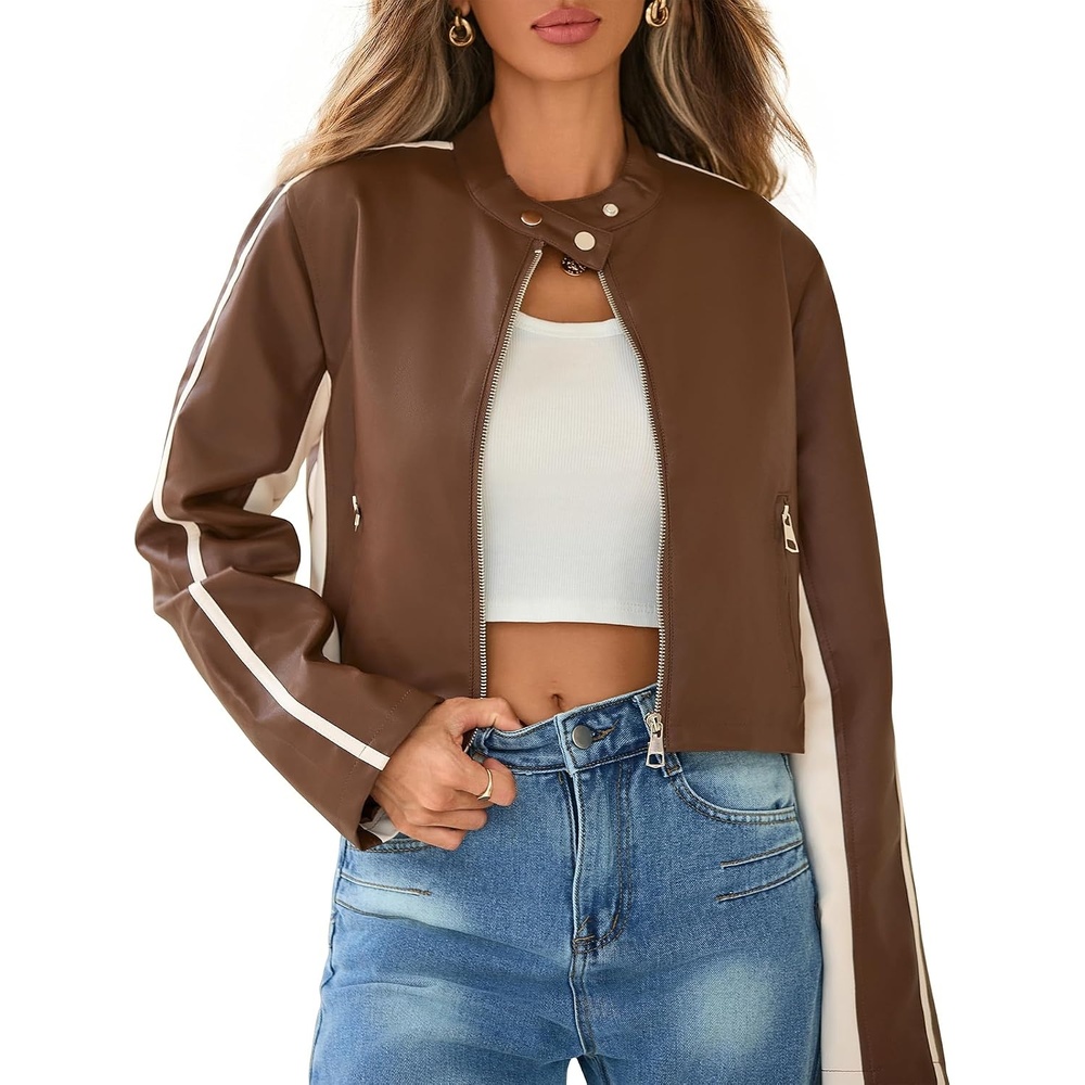 image:imageAmerican Trends Cropped Faux Leather Jacket Women Biker Motorcycle Bomber Leather JacketBrown