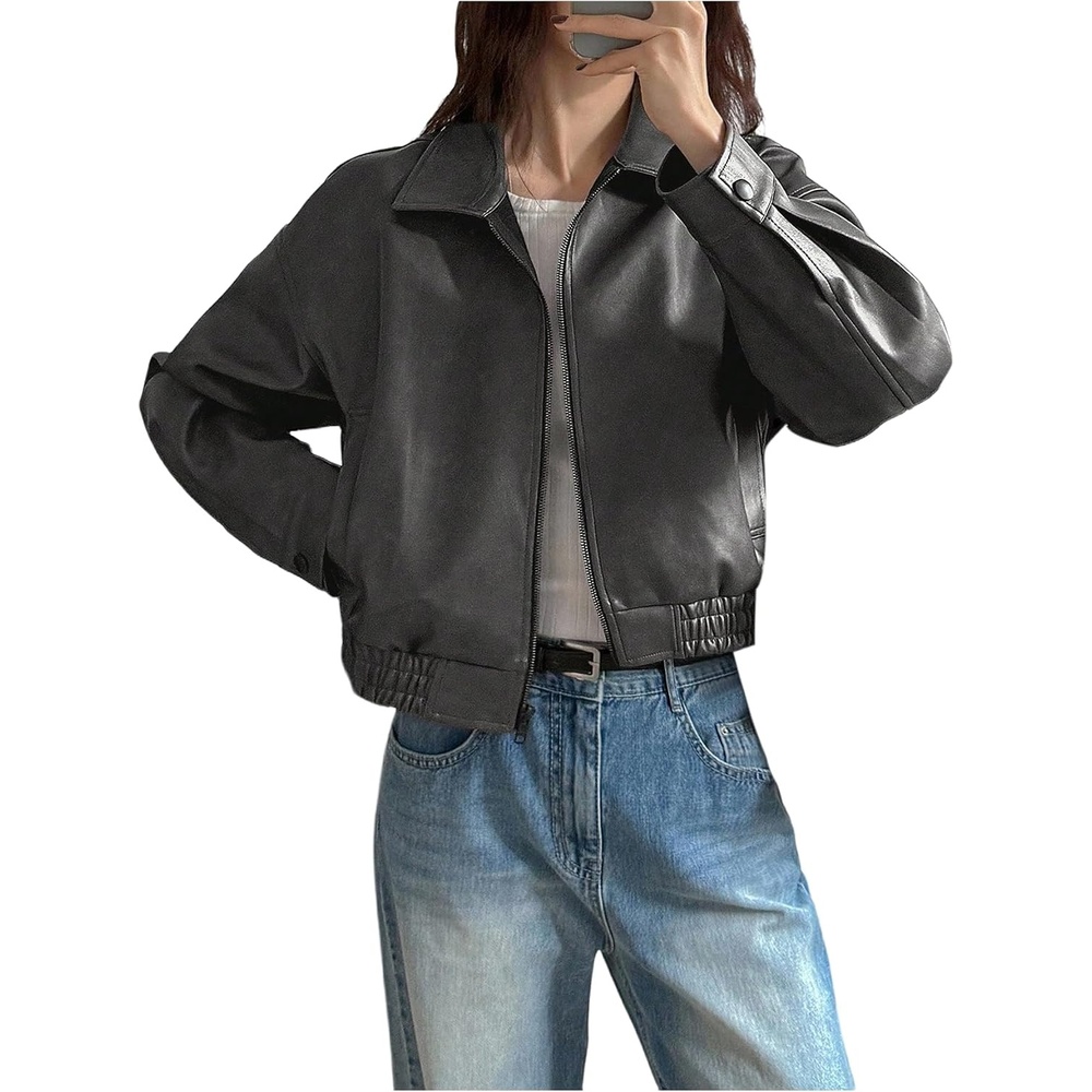 image:imageBEAUDRM Womens Y2K Faux Leather Jacket Zip Up Crop Bomber Jacket Going Out Motor Bike Motorcycle Coat Streetwear with PocketGrey