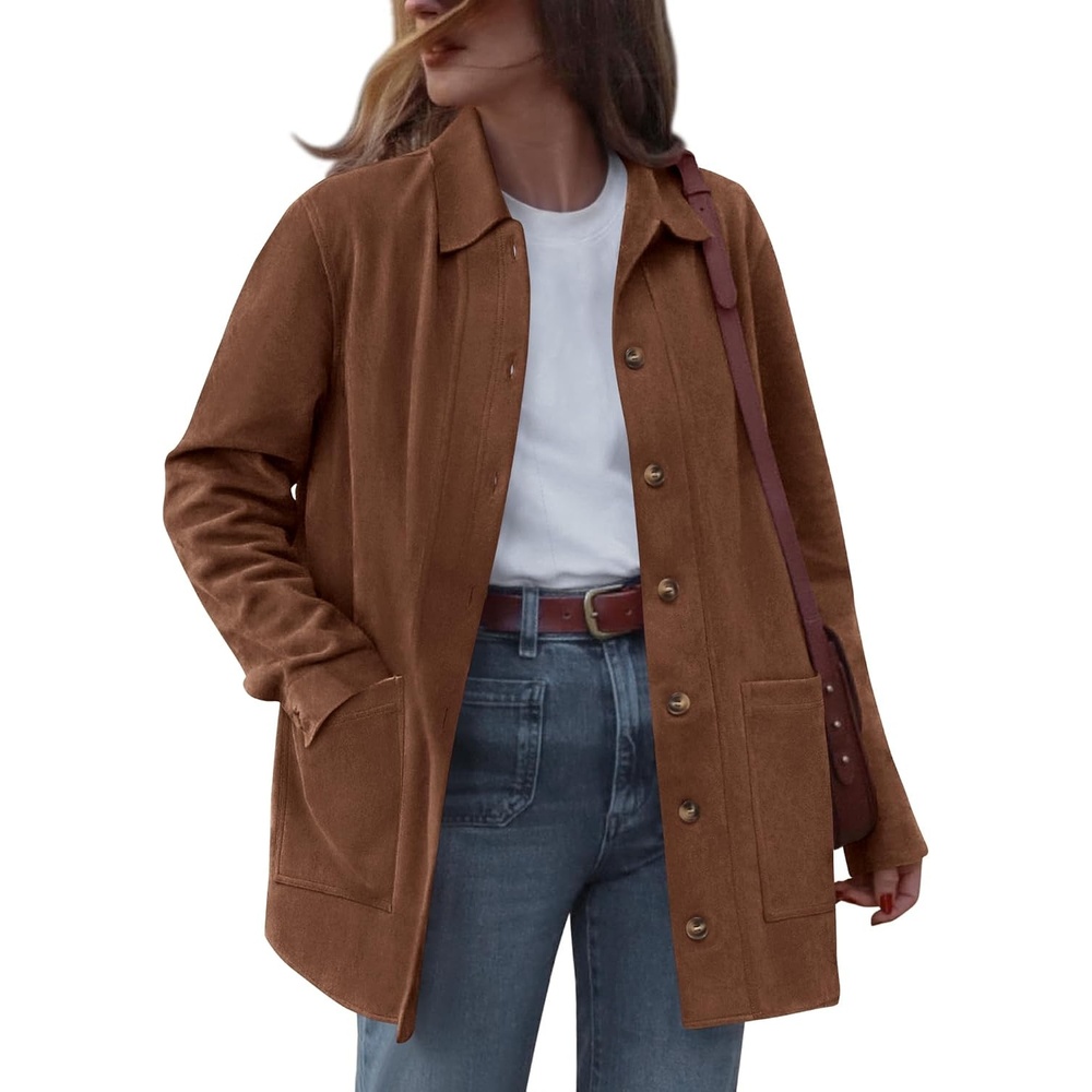 image:imageBTFBM Fall Fashion Faux Suede Jacket Women Winter Clothing NoSew Lapel Neck amp Cuff Long Sleeve Shackets Button Down Outerwear Lightweight Jackets Coats With Pocket Western OutfitBrown