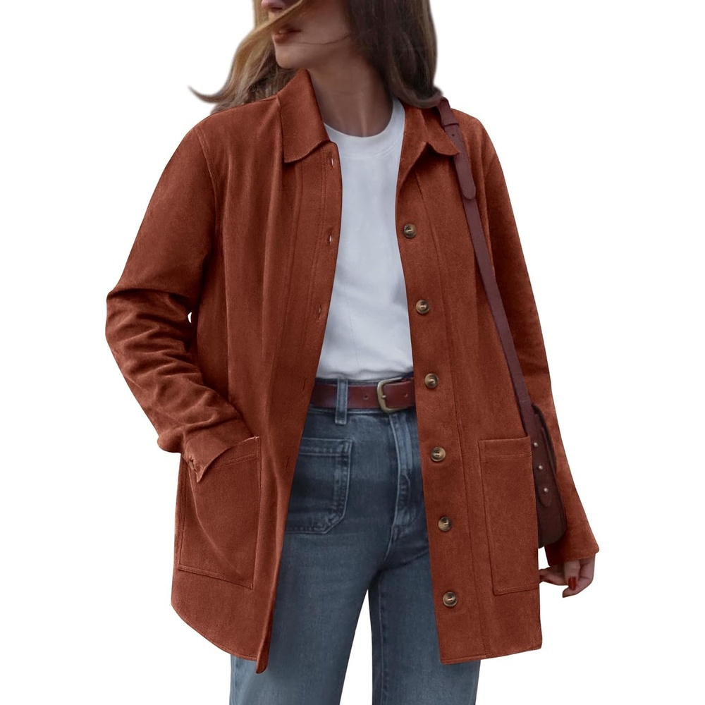 image:imageBTFBM Fall Fashion Faux Suede Jacket Women Winter Clothing NoSew Lapel Neck amp Cuff Long Sleeve Shackets Button Down Outerwear Lightweight Jackets Coats With Pocket Western OutfitRust