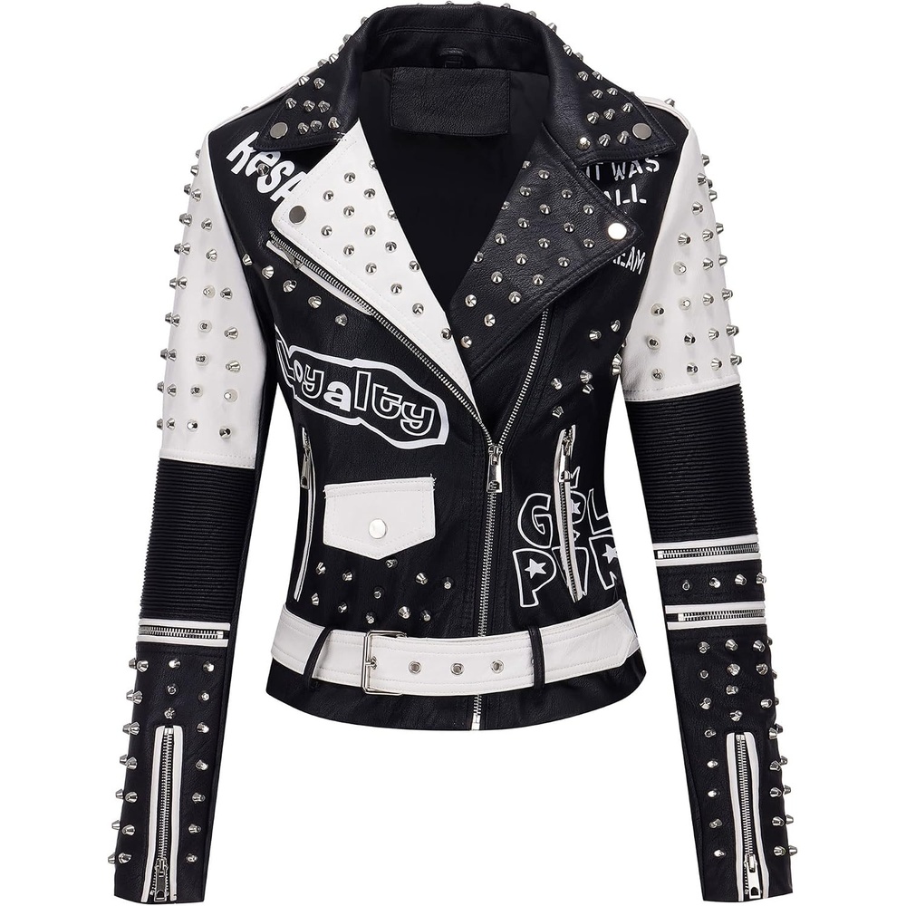 image:imageBellivera Faux Leather Jacket for Women Floral Moto Short Coat Vegan Spring Fall Belted Streetwear with Punk Graffiti Graphic Print Notched Studded Lapel Asymmetrical zip For ConcertBlack White