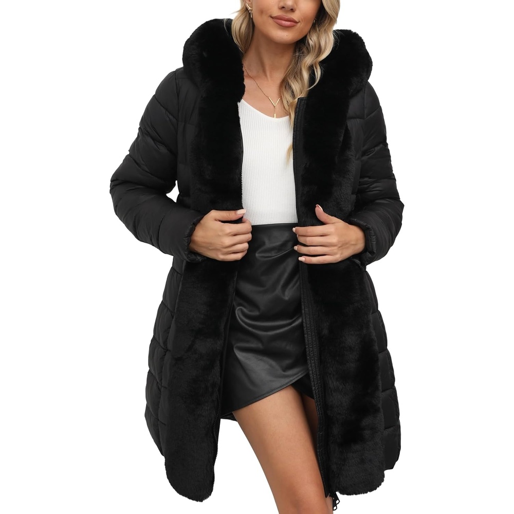 image:imageBellivera Women Faux Leather Winter Trendy Thicken Puffer Jacket  Warm Quilted Water Resistant Bubble Coat Zip Slim Fit Coldresistant Padded Outerwear with Long Fur Trim HoodPocketsCoal Black