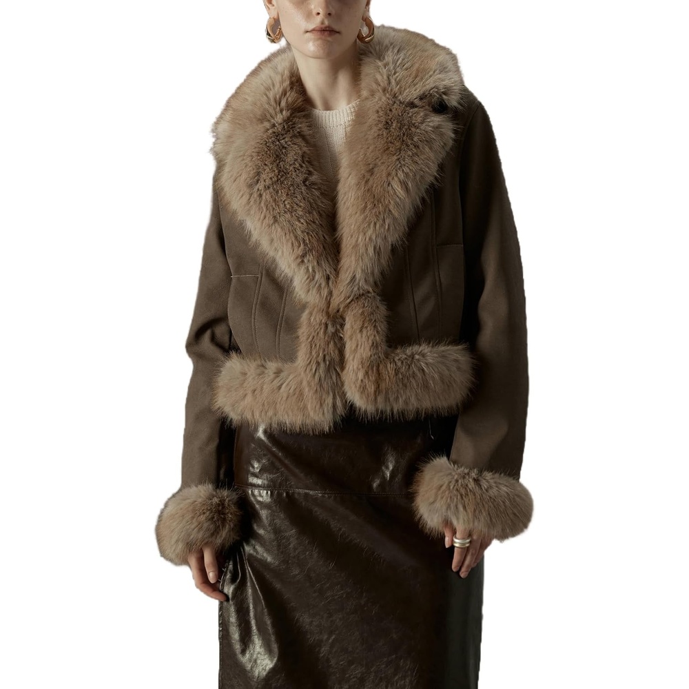 image:imageBellivera Womens Faux Fur Cropped Jacket Fluffy Fleece Zip Coat Long Sleeve Fuzzy Shaggy Fur Short Warm Soft Outerwear for Fall Winter with Faux Leather Spliced LapelCamel