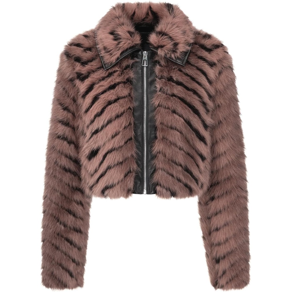 image:imageBellivera Womens Faux Fur Cropped Jacket Fluffy Fleece Zip Coat Long Sleeve Fuzzy Shaggy Fur Short Warm Soft Outerwear for Fall Winter with Faux Leather Spliced LapelBrown