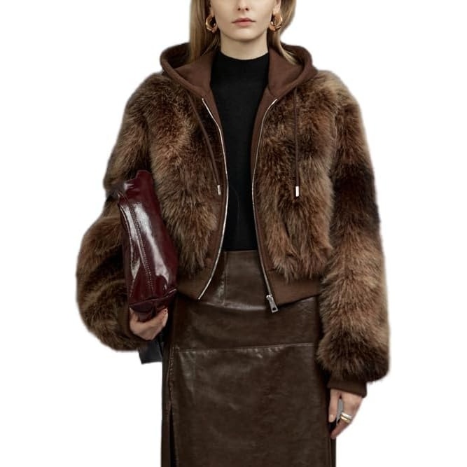 image:imageBellivera Womens Faux Fur Cropped Jacket Fluffy Fleece Zip Coat  Long Sleeve Fuzzy Shaggy Fur Short Warm Soft Outerwear for Fall Winter with Faux Leather Spliced LapelCoffee
