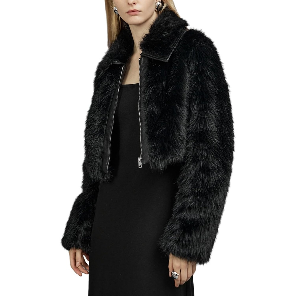 image:imageBellivera Womens Faux Fur Cropped Jacket Fluffy Fleece Zip Coat Long Sleeve Fuzzy Shaggy Fur Short Warm Soft Outerwear for Fall Winter with Faux Leather Spliced LapelPure Black Crop