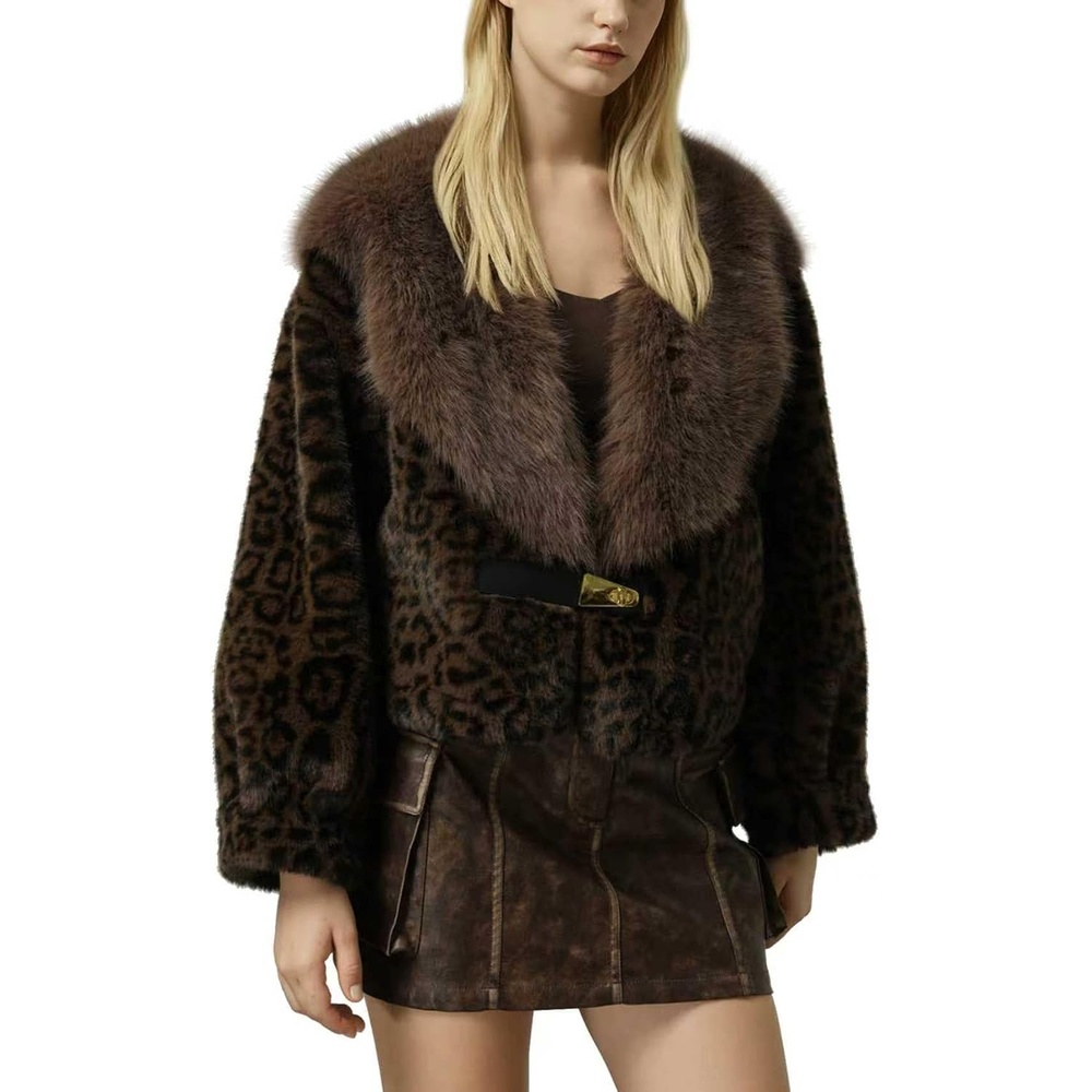 image:imageBellivera Womens Faux Fur Cropped Jacket Fluffy Fleece Zip Coat Long Sleeve Fuzzy Shaggy Fur Short Warm Soft Outerwear for Fall Winter with Faux Leather Spliced LapelBrown Fuzzy Jacket