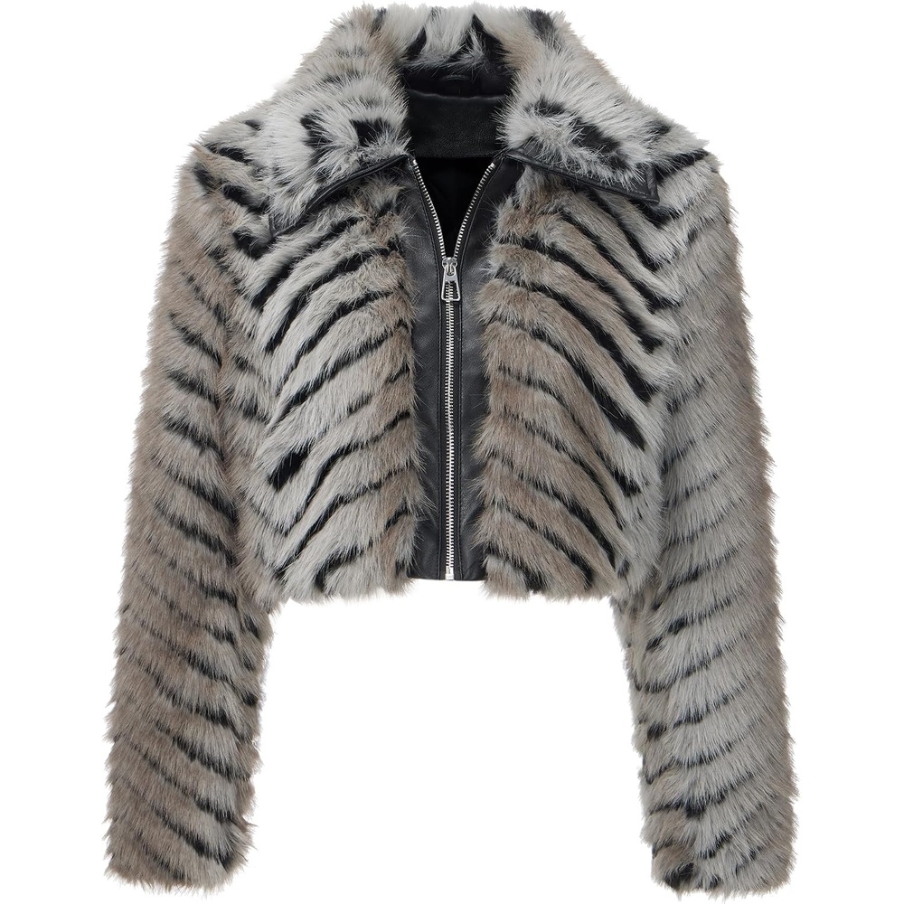 image:imageBellivera Womens Faux Fur Cropped Jacket Fluffy Fleece Zip Coat Long Sleeve Fuzzy Shaggy Fur Short Warm Soft Outerwear for Fall Winter with Faux Leather Spliced LapelBlack