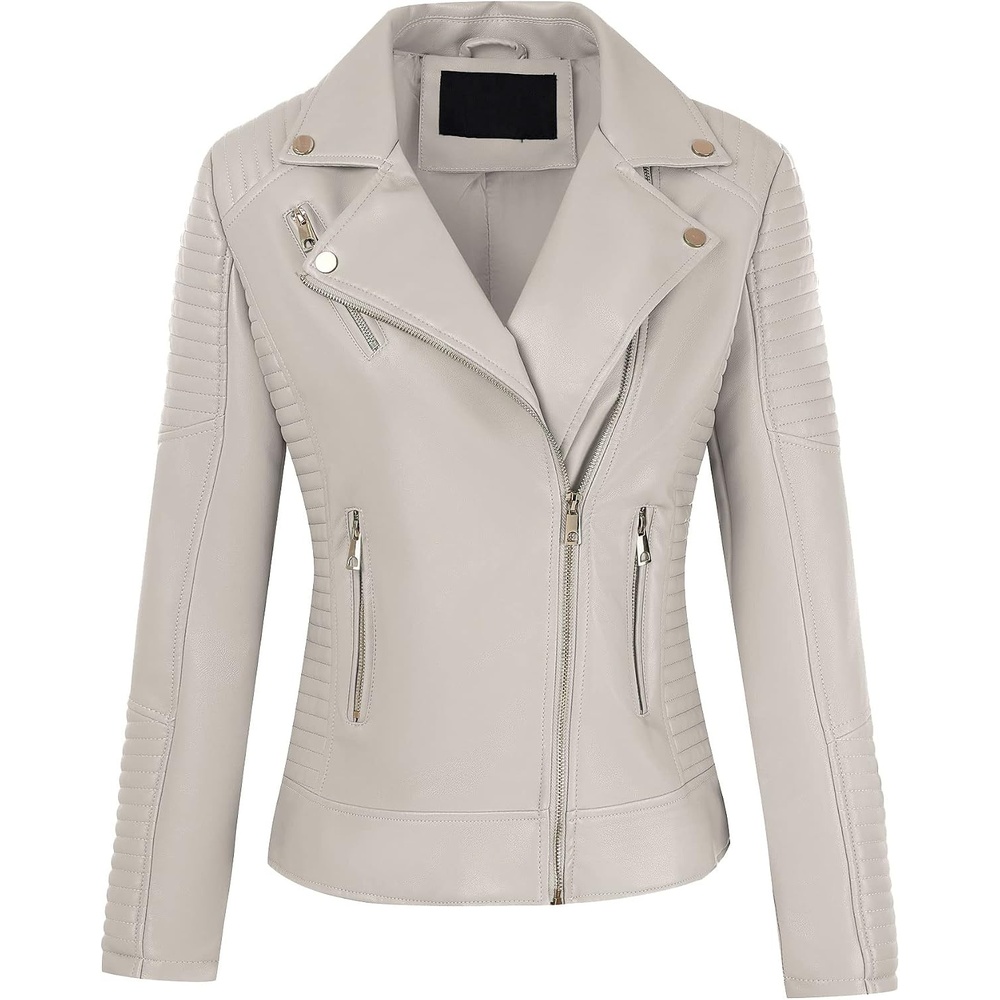 image:imageBellivera Womens Faux Leather Casual Moto Lightweight Jacket  2026 Spring Fall Trendy Zip Up Outfits Classic Biker Coat with Lapel Collar Soft Smooth Lining and Zipper PocketsBeige