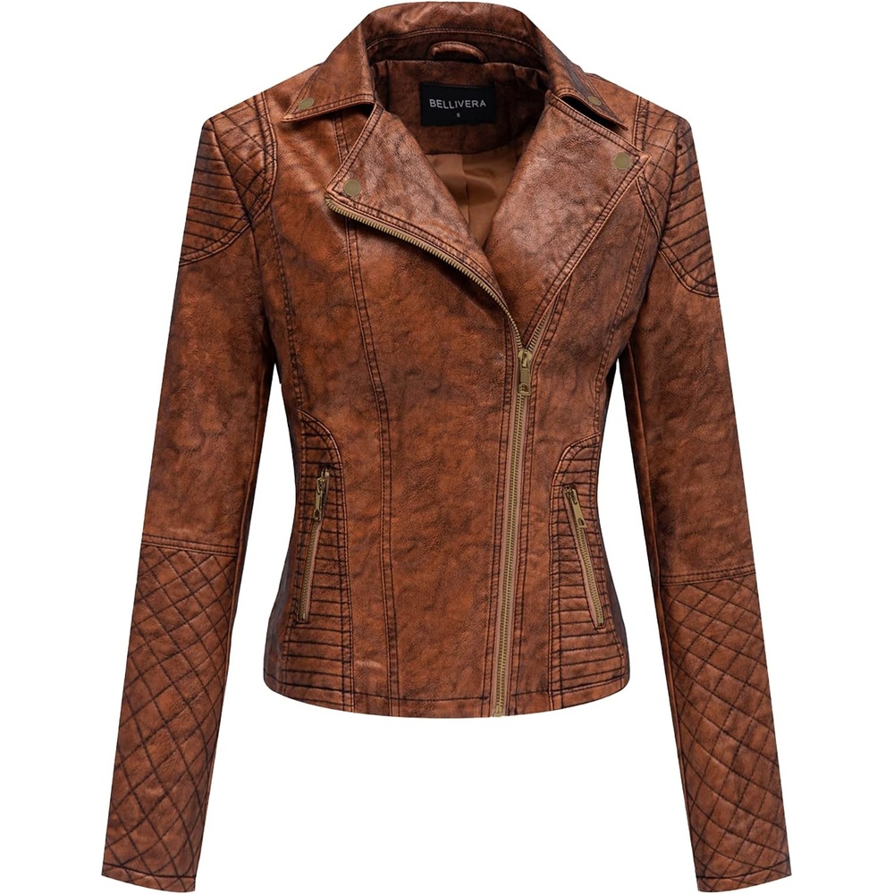 image:imageBellivera Womens Faux Leather Casual Moto Lightweight Jacket 2026 Spring Fall Trendy Zip Up Outfits Classic Biker Coat with Lapel Collar Soft Smooth Lining and Zipper PocketsBrown Retro