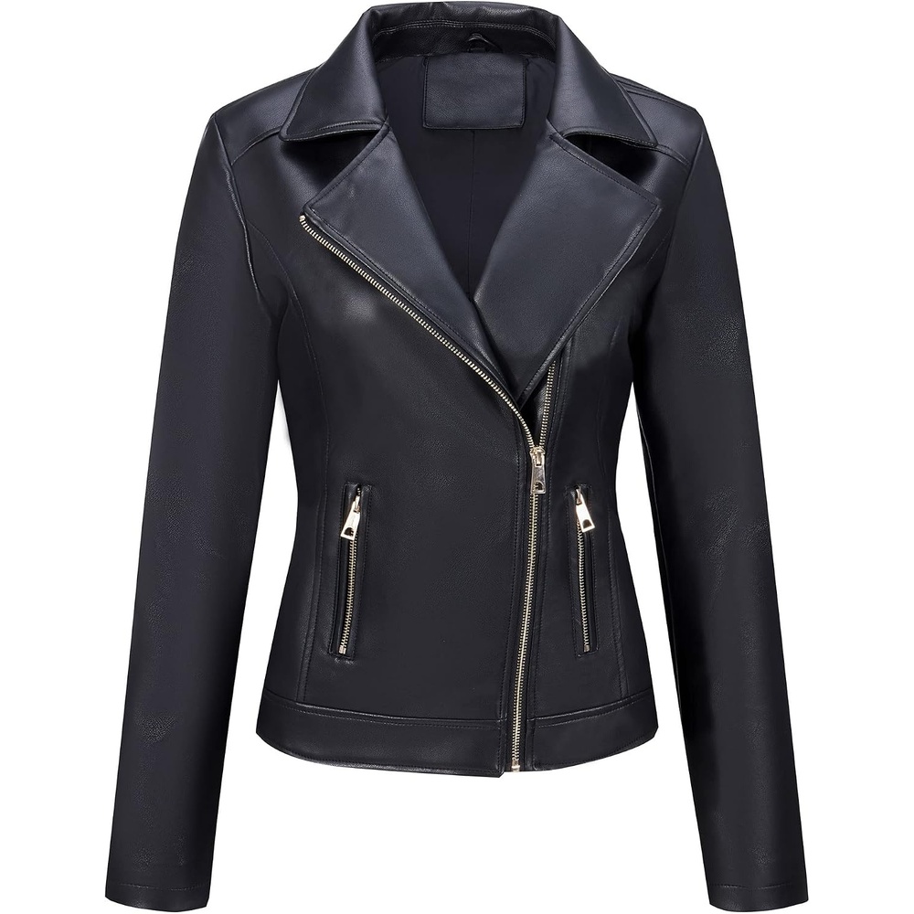 image:imageBellivera Womens Faux Leather Casual Moto Lightweight Jacket  2026 Spring Fall Trendy Zip Up Outfits Classic Biker Coat with Lapel Collar Soft Smooth Lining and Zipper PocketsBlack Biker Coat
