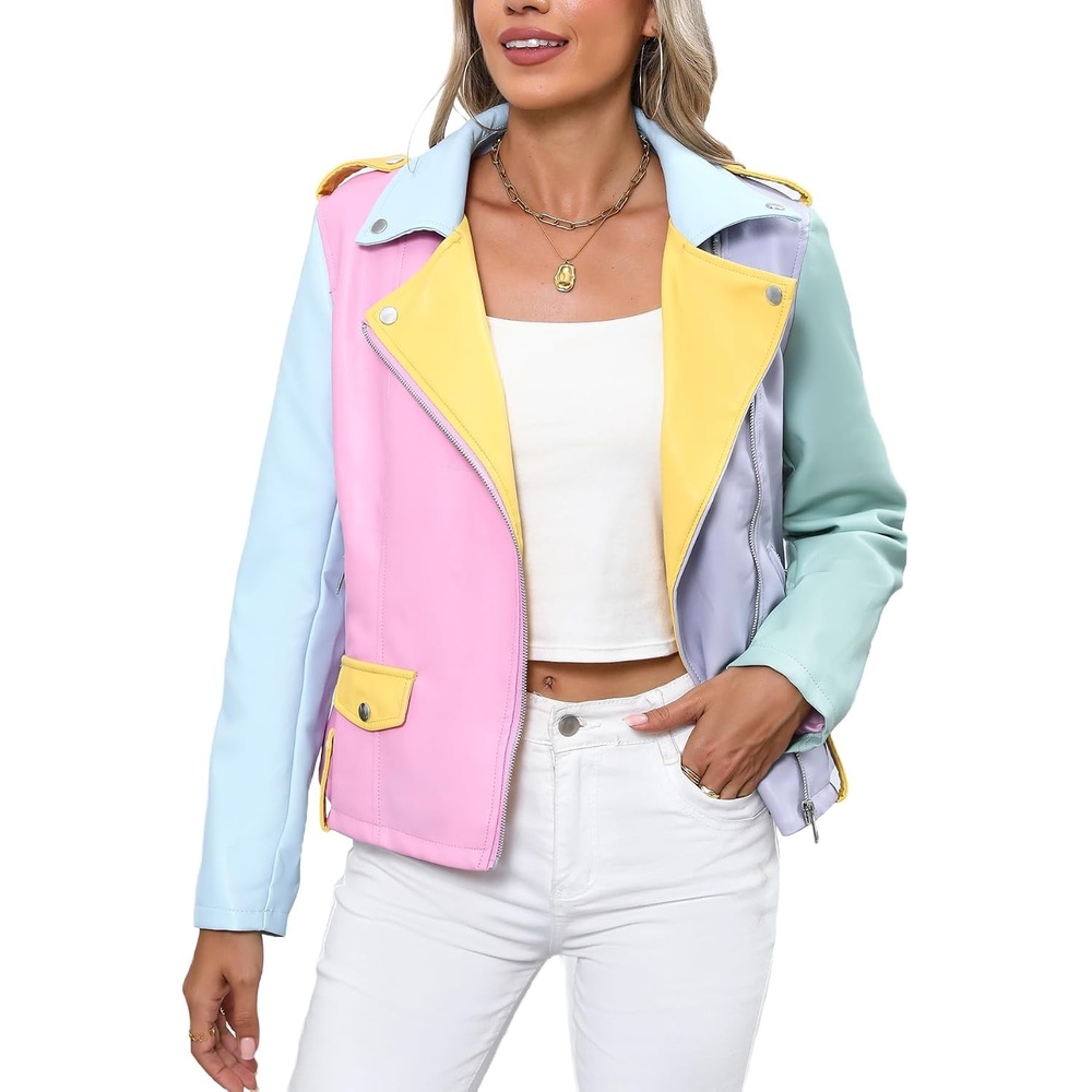 image:imageBellivera Womens Faux Leather ColorBlock Moto Zip Up Jacket Regular Fit PU Shell Asymmetrical Zip Front ColorBlock Design Belted Waist Ideal for Streetwear and ConcertsMulticolor Jacket