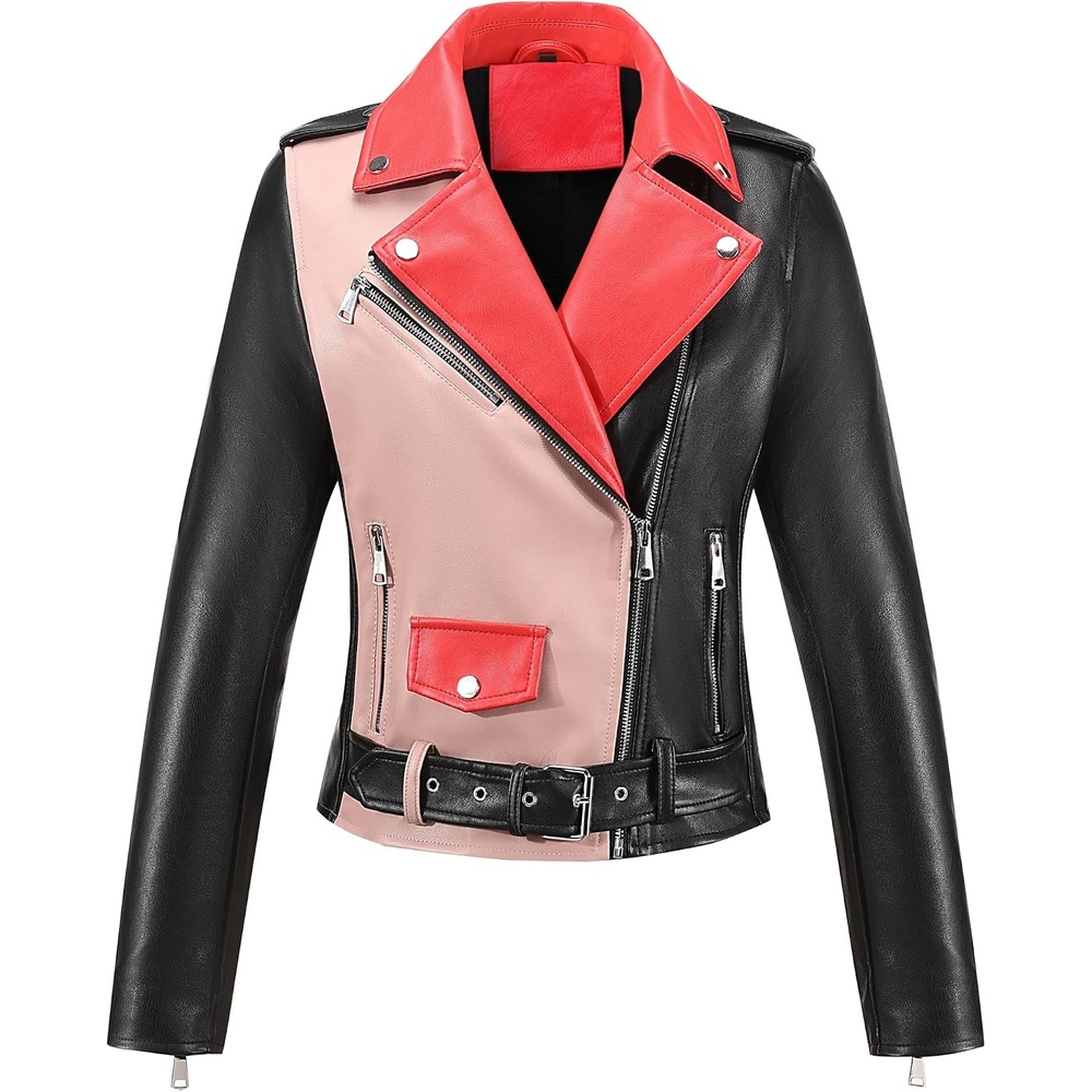 image:imageBellivera Womens Faux Leather ColorBlock Moto Zip Up Jacket Regular Fit PU Shell Asymmetrical Zip Front ColorBlock Design Belted Waist Ideal for Streetwear and ConcertsBlackpink