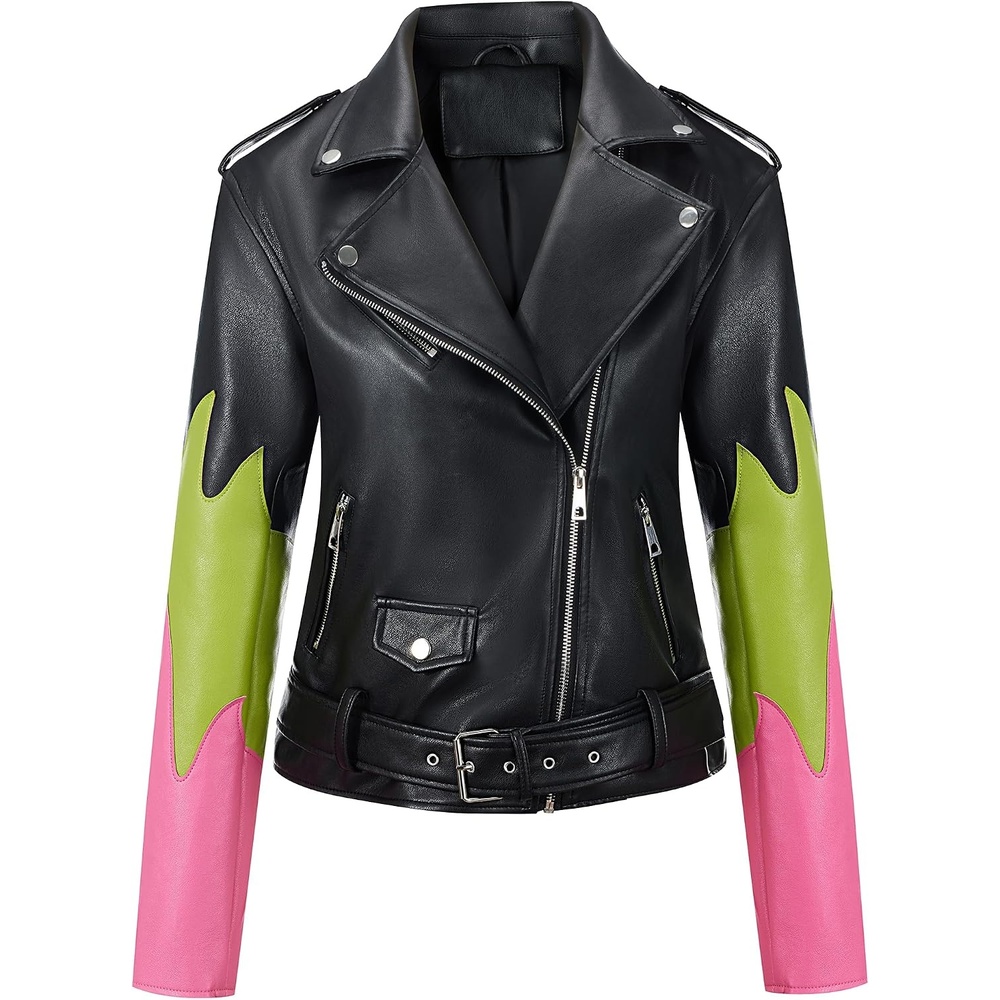 image:imageBellivera Womens Faux Leather ColorBlock Moto Zip Up Jacket Regular Fit PU Shell Asymmetrical Zip Front ColorBlock Design Belted Waist Ideal for Streetwear and ConcertsBlackgreenred