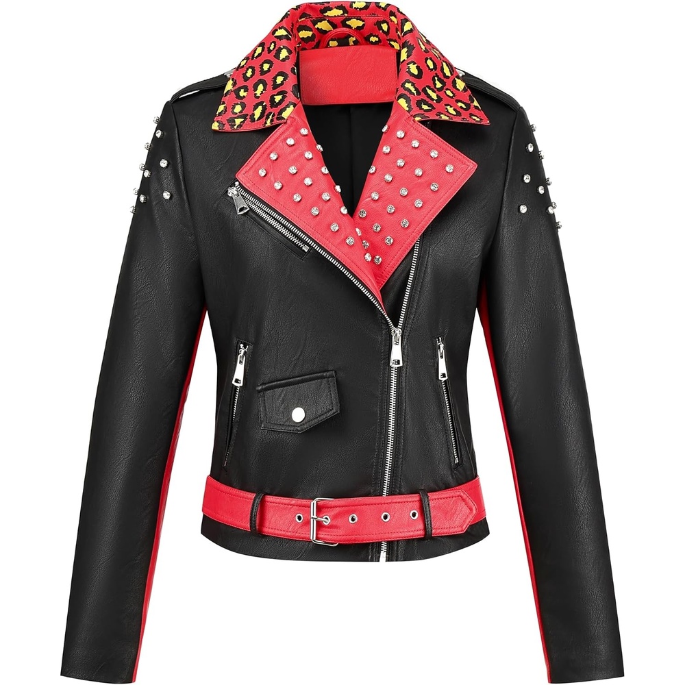 image:imageBellivera Womens Faux Leather ColorBlock Moto Zip Up Jacket Regular Fit PU Shell Asymmetrical Zip Front ColorBlock Design Belted Waist Ideal for Streetwear and ConcertsRedblack
