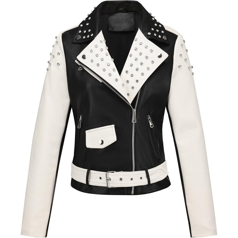 image:imageBellivera Womens Faux Leather ColorBlock Moto Zip Up Jacket Regular Fit PU Shell Asymmetrical Zip Front ColorBlock Design Belted Waist Ideal for Streetwear and ConcertsBlackwhite