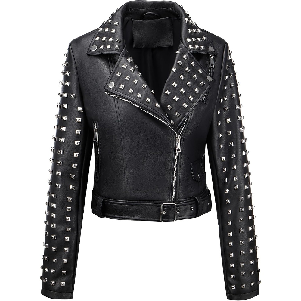 image:imageBellivera Womens Faux Leather Moto Studded Rivet Casual Jacket Short Slim Fit Biker Coat Rock Punk Fashion Streetwear Coat with Soft Smooth Lining Zipper Pockets for Spring and FallBlack Studded Jacket