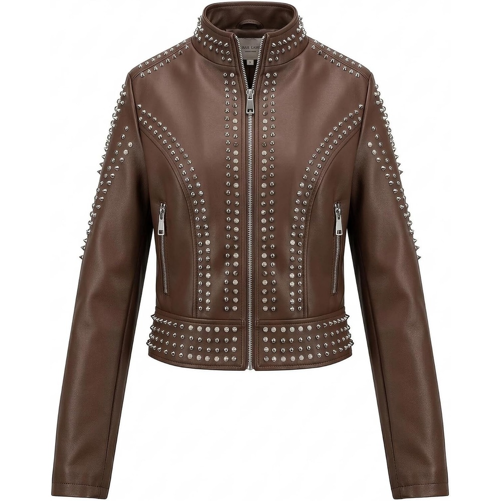 image:imageBellivera Womens Faux Leather Moto Studded Rivet Casual Jacket Short Slim Fit Biker Coat Rock Punk Fashion Streetwear Coat with Soft Smooth Lining Zipper Pockets for Spring and FallStand Collar Deep Brown
